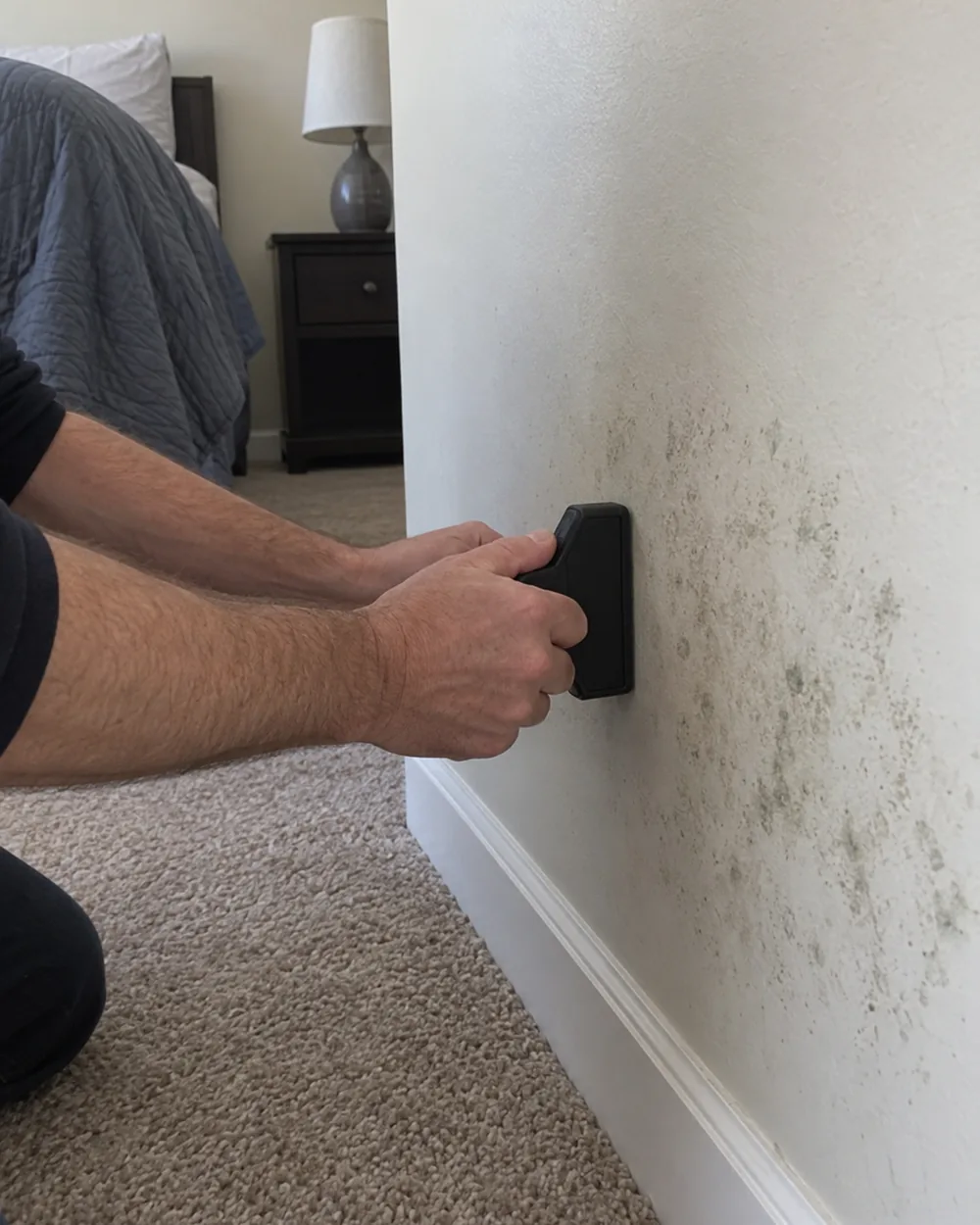 Technician taking a moisture reading beside mould growth on a bedroom wall in Cincinnati