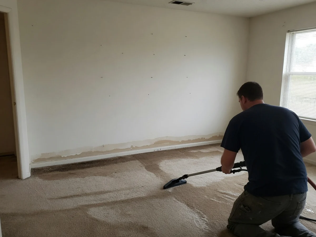 Technician extracting standing water from soaked carpet in a Cincinnati home after a water leak