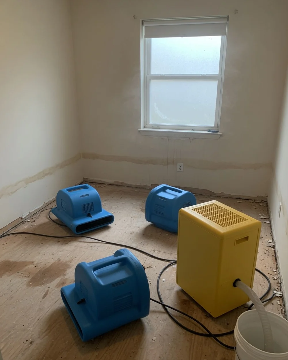 Air movers and a dehumidifier drying the subfloor of a Cincinnati room after water damage