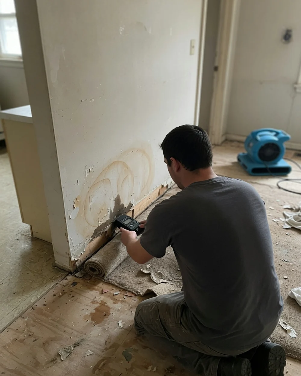 Technician checking a damp wall with a moisture meter during water damage restoration in Cincinnati
