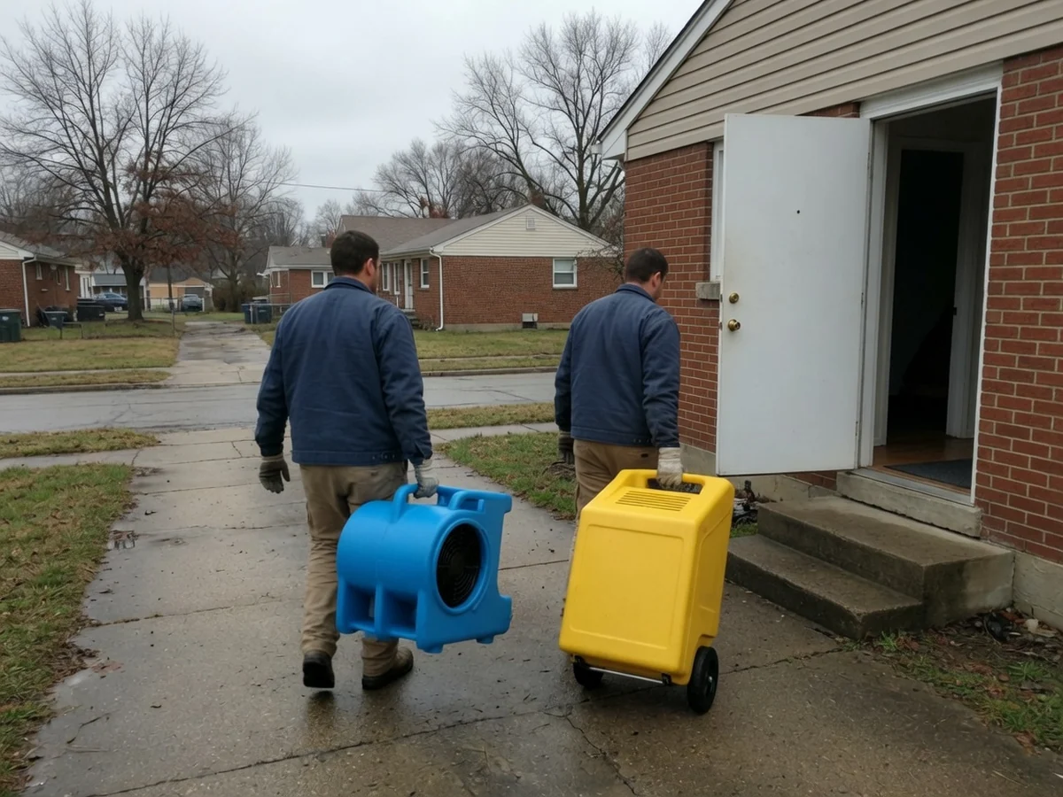 Restoration technicians carrying drying equipment up the driveway of a Cincinnati home