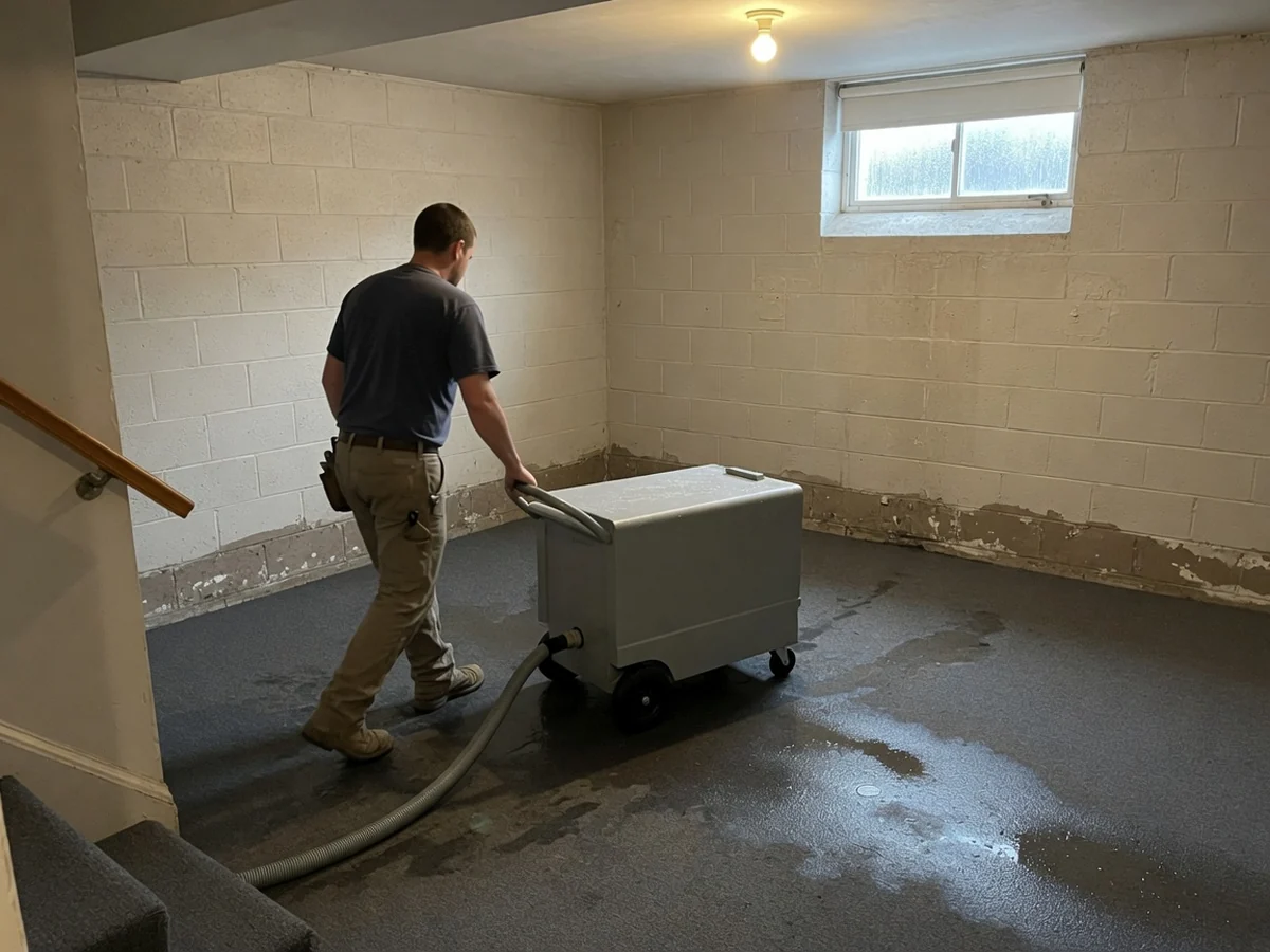 Commercial water extractor removing flood water from the carpet of a Cincinnati basement