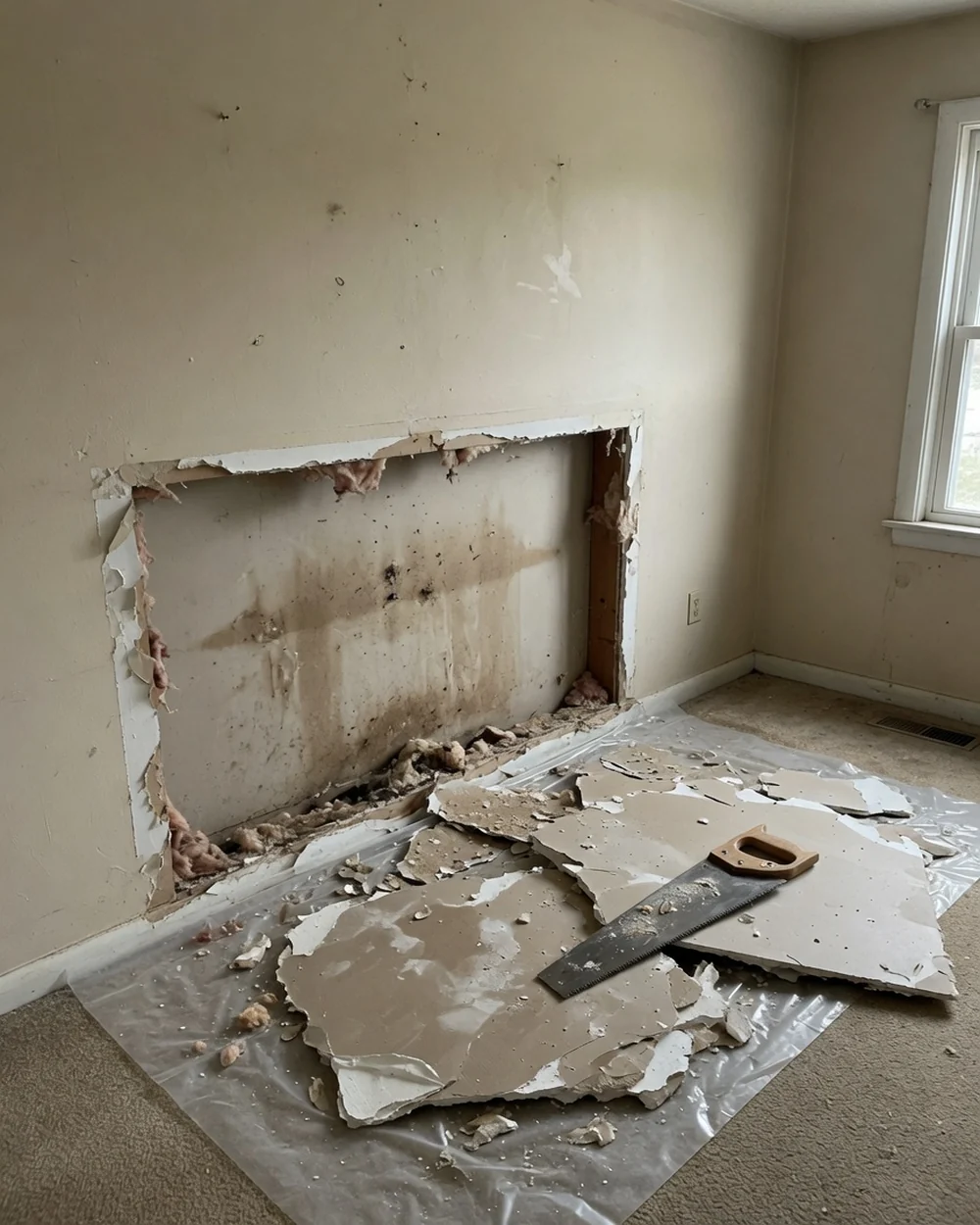 Flood cut opened in water-damaged drywall exposing damp studs in a Cincinnati home